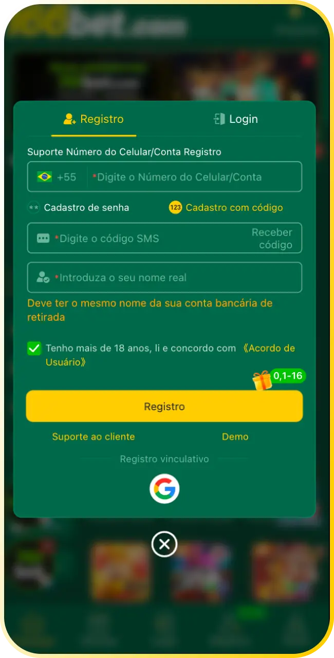 Crie sua conta e garanta o direito de ativar o bônus da 166Bet para jogar.
