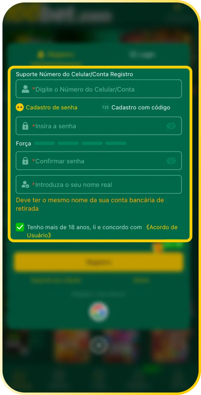 Preencha o formulário de cadastro na 166bet com seus dados para liberar os jogos.